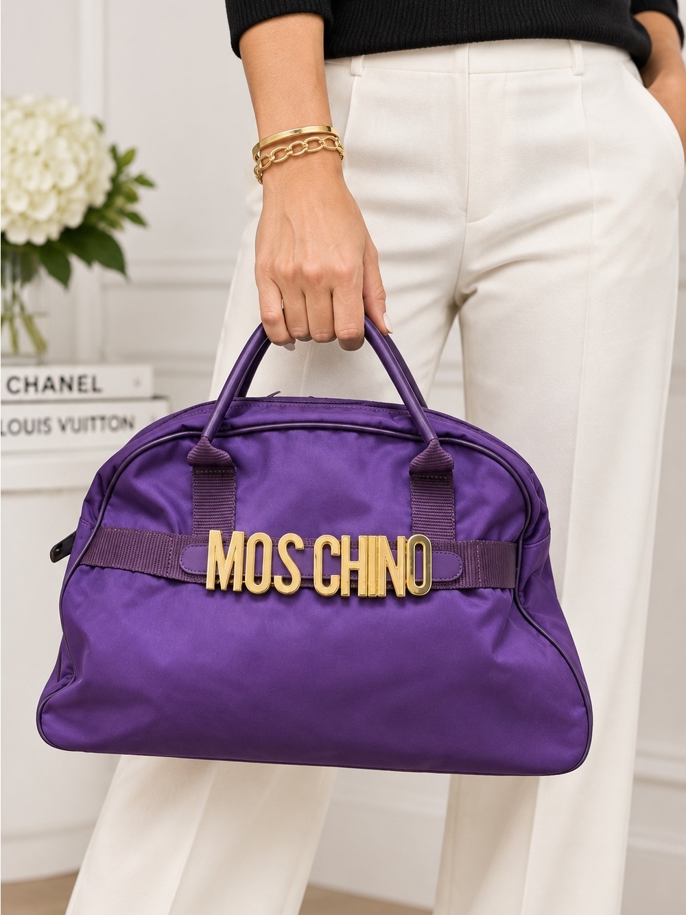 Vintage Moschino Redwall Purple Nylon Logo Satchel Gold Hardware 90s